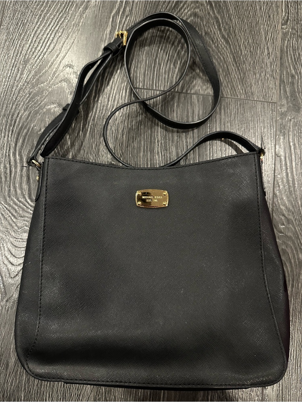 Michael Kors Black Leather Crossbody with Gold-Tone Plaque